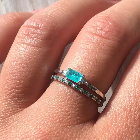 Green Clear Zircon Pave Sterling Silver Band Stackable Diamond Emerald Eternity - Picture 6 of 16